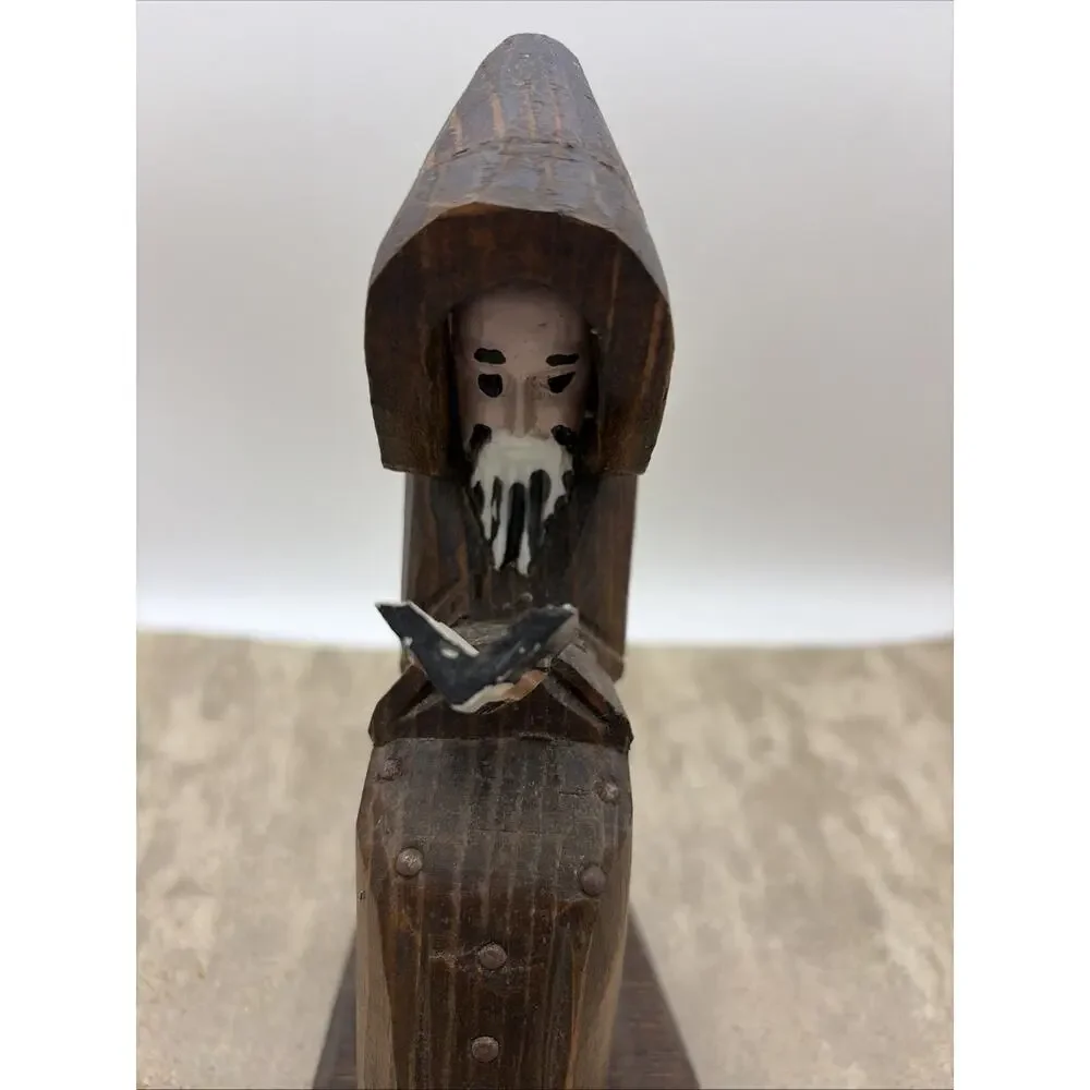 Vintage Hand Carved Wood Monk Friar Reading Book Figure Religious Folk Art 8”